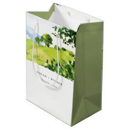 Sacola Para Presentes Média Casamento de Colinas do Condado de Aquarela Verde 
