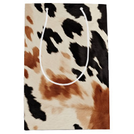 Sacola Para Presentes Média Casamento de Couro de Vaca Marrom Creme Preto