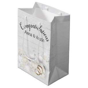 Sacola Para Presentes Média Casamento de Doves e Anéis em Madeira Branca