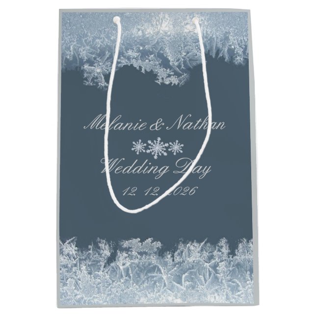 Sacola Para Presentes Média Casamento de Inverno Azul Congelado Personalizado (Frente)