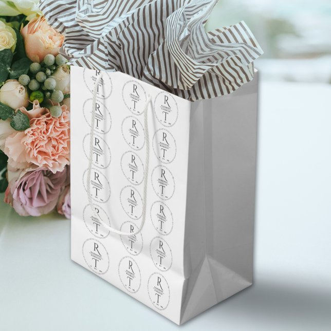 Sacola Para Presentes Média Casamento de Monograma da Cinza Branca Moderna Ele (Criador carregado)