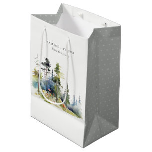 Sacola Para Presentes Média Casamento de Paisagem de Pinheiros com Aquarela Ch