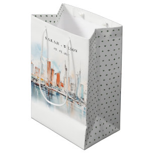 Sacola Para Presentes Média Casamento de Skyline Watercolor em Miami Florida