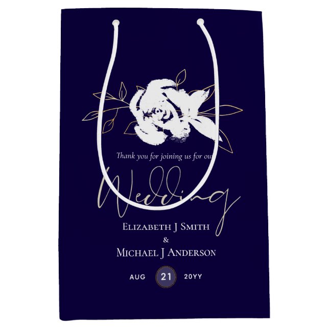 Sacola Para Presentes Média Casamento Dourado Azul-Marinho Elegante (Frente)