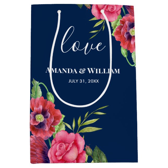 Sacola Para Presentes Média Casamento Favorece Flores Vermelhas e Rosa Marinho (Frente)