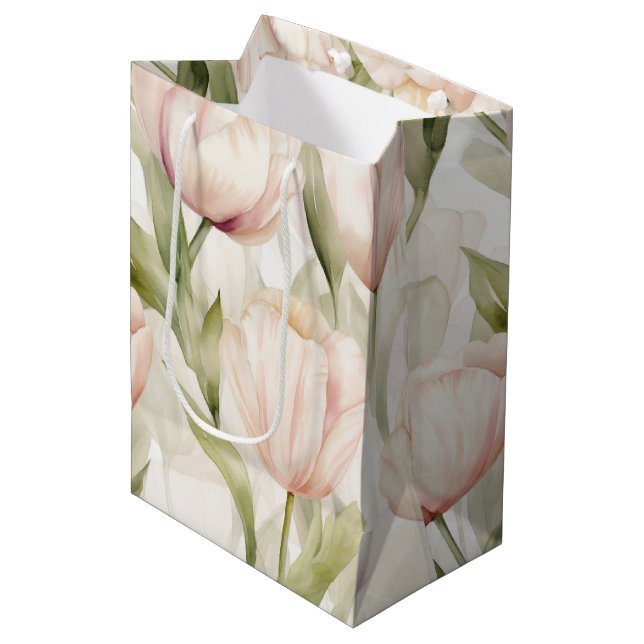 Sacola Para Presentes Média Casamento Floral bonito Com Creme Rosa Tulipas (Frente inclinada)