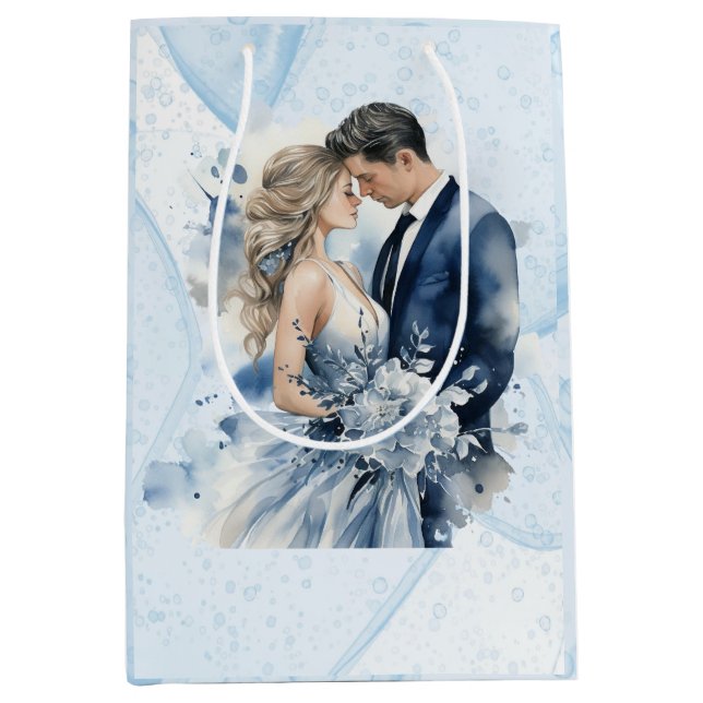 Sacola Para Presentes Média Casamento Floral com Tinta Azul Dusty (Frente)