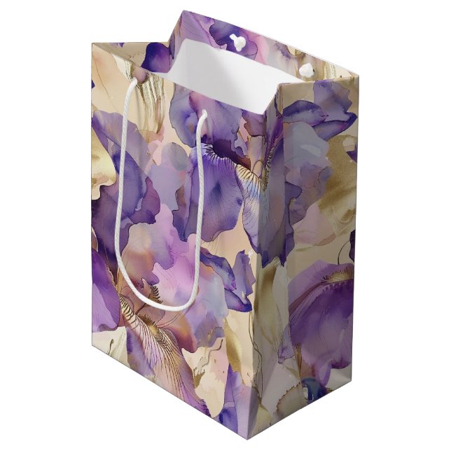 Sacola Para Presentes Média Casamento Floral de Íris Dourado Roxo Romântico (Frente inclinada)