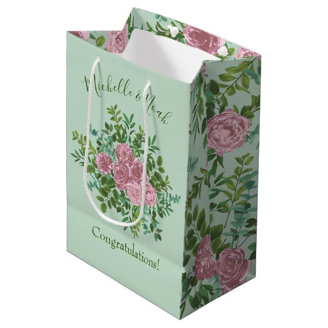 Sacola Para Presentes Média Casamento Floral de Rosa de Peony Rosa Verde-claro (Frente inclinada)
