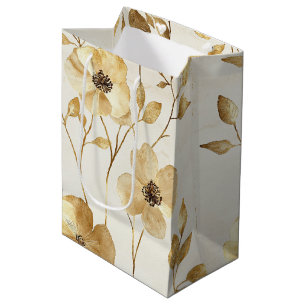 Sacola Para Presentes Média Casamento Floral Dourado Creme