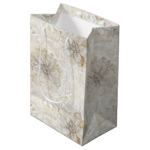Sacola Para Presentes Média Casamento Floral Rosa de Renda Creme Romântico