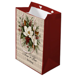 Sacola Para Presentes Média Casamento Hino de Natal Magnólia & Frutas Vermelha