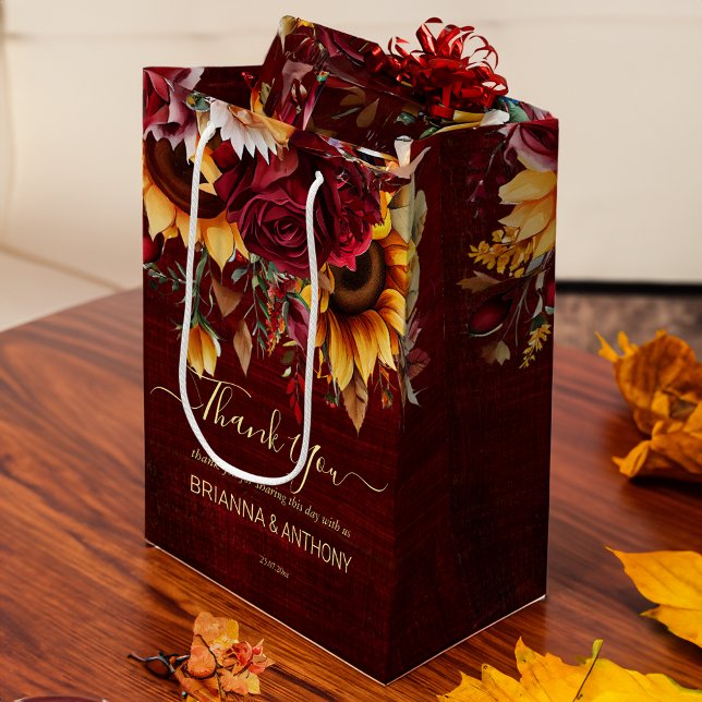 Sacola Para Presentes Média Casamento outono burguns rosas girassóis favor (Fall wedding burgundy roses sunflowers favor medium gift bag wedding welcome bag wedding gifts)