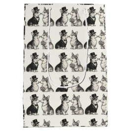 Sacola Para Presentes Média Casamento Whimsical Black & White Vintage Corgi