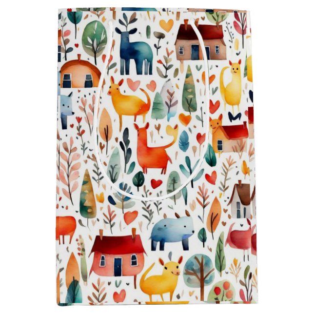 Sacola Para Presentes Média Casas vermelhas e casas Folha de Papel (Frente)