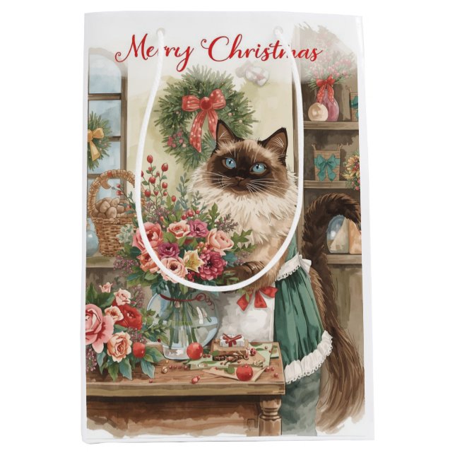 Sacola Para Presentes Média Cat Christmas temido pelo gato siamês em florista (Frente)