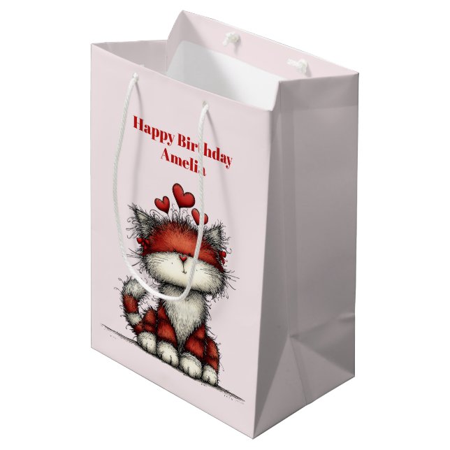 Sacola Para Presentes Média Cat with Red Love Hearts Cute and Funny Birthday (Frente inclinada)