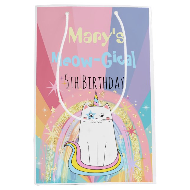 Sacola Para Presentes Média Caticorn Meow-Gical Birthday (Frente)