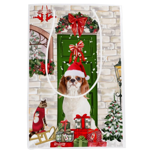 Sacola Para Presentes Média Cavalier King Dog Christmas (Frente)