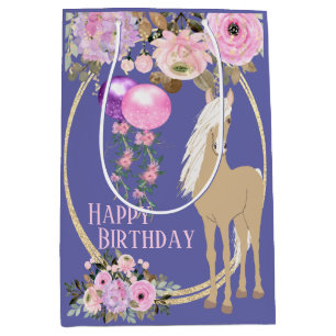 Sacola Para Presentes Média Cavalo Bonito e Flores Rosa Aniversário Periwinkle