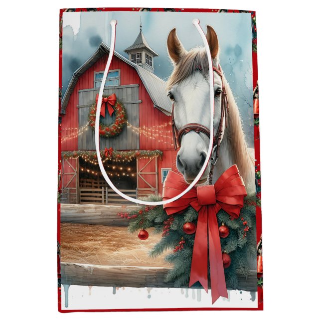 Sacola Para Presentes Média Cavalo Branco Fazenda Festiva Natal Personalizado (Frente)