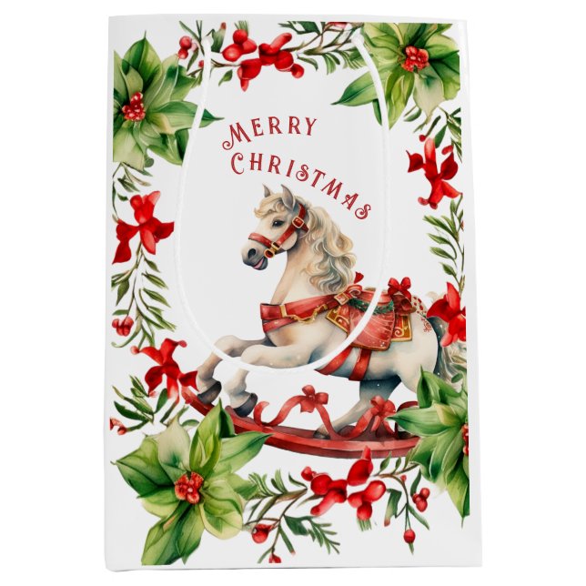 Sacola Para Presentes Média Cavalo Fogueiro Feliz Saco de Natal (Frente)
