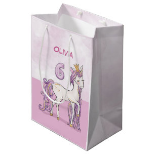 Sacola Para Presentes Média Cavalo Rosa De Aniversário Com 6 De Nome Personal