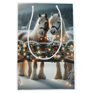 Sacola Para Presentes Média Cavalos Festivos e Luzes de Natal