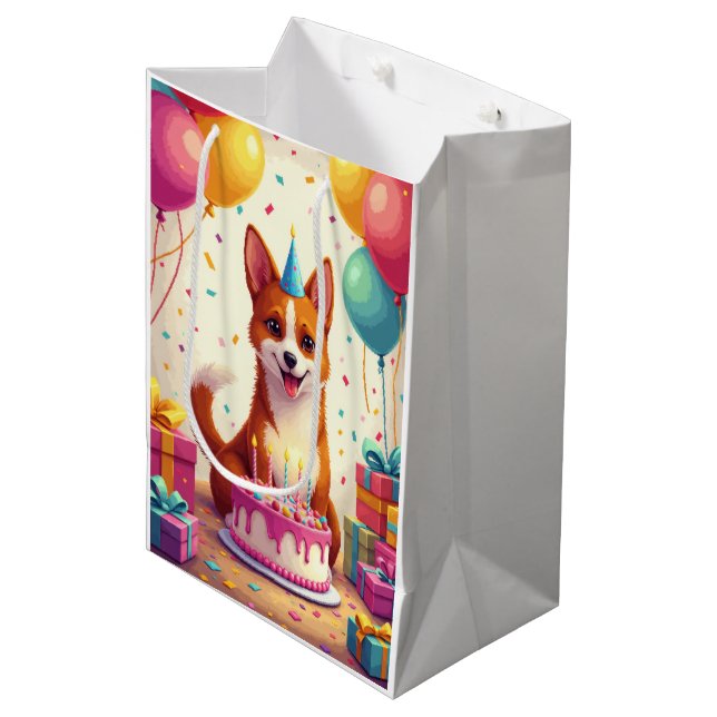Sacola Para Presentes Média Celebração de Aniversário do Basenji (Frente inclinada)