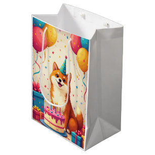 Sacola Para Presentes Média Celebração de Aniversário do Shiba Inu