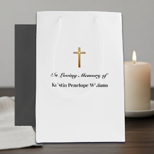 Sacola Para Presentes Média Celebração de Vida Funeral Cruz de Ouro Elegante