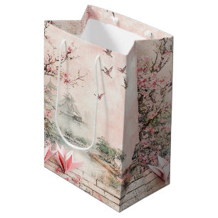 Sacola Para Presentes Média Cena de Flor de Cerejeira Rosa Serenidade Paisagem