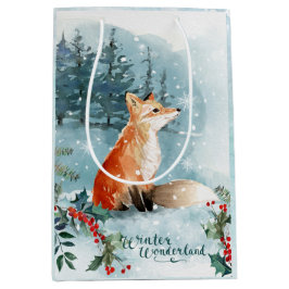 Sacola Para Presentes Média Cena de inverno com aquarela, fox Natal