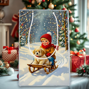 Sacola Para Presentes Média Cena de Natal Antigo, Menino no Trenó com Cachorri