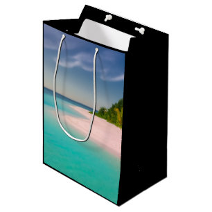Sacola Para Presentes Média Cena de Praia Tropical Oceano Água-marinha