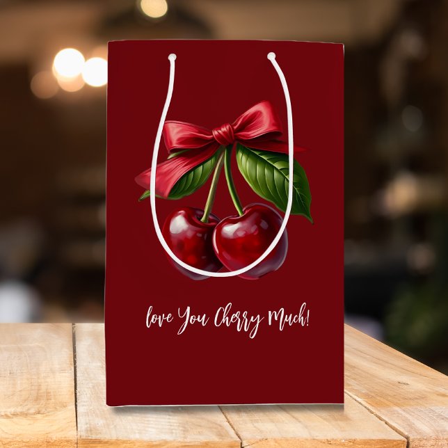 Sacola Para Presentes Média Cereja Red Cherries com um Arco (Cherries with a Bow Gift Bag-Love you Cherry Much)
