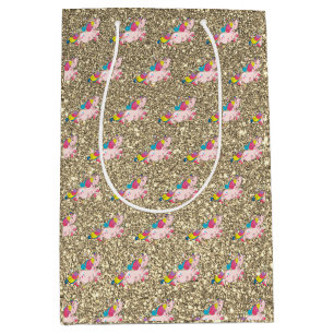 Sacola Para Presentes Média Cerne de Unicórnio Arco-íris Dourado Brilho Lumes