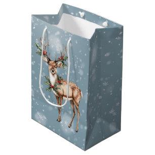 Sacola Para Presentes Média Cervo em Pé com Azevinho e Frutas de Natal