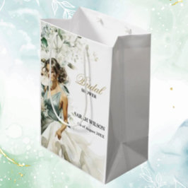 Sacola Para Presentes Média Chá de Bebê de Noiva com Eucalipto em Azul Poeira