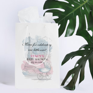 Sacola Para Presentes Média Chá de Bebê de Viagem Paris e Carruagem Azul Rosa