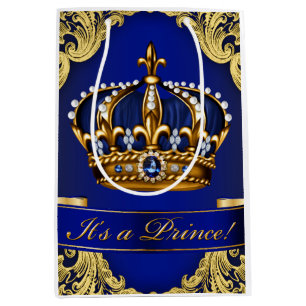Sacola Para Presentes Média Chá de Bebê do Príncipe Azul Dourado Elegante