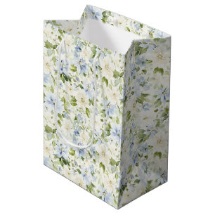 Sacola Para Presentes Média Chá de Bebê Floral Creme Azul