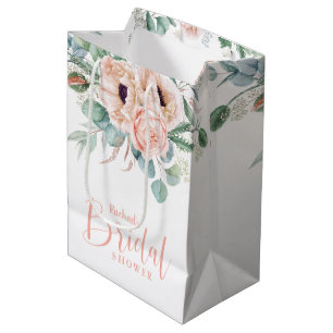 Sacola Para Presentes Média Chá de Bebê Floral em Aquarela Rosa e Bege