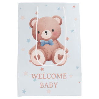 Sacola Para Presentes Média Chá de Bebê Menino Urso de Pelúcia - Estrelas Azui