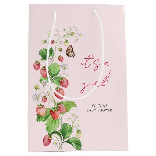 Sacola Para Presentes Média Chá de Bebê Morango É uma menina (Frente)