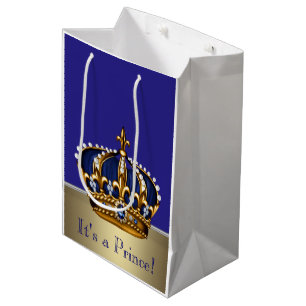 Sacola Para Presentes Média Chá de Bebê Príncipe Dourado Azul