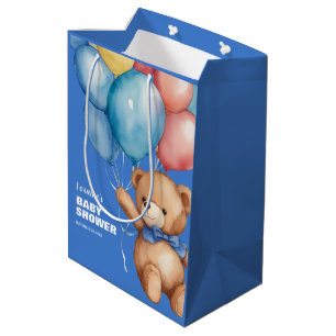 Sacola Para Presentes Média Chá de fraldas azul de Urso Vermelho