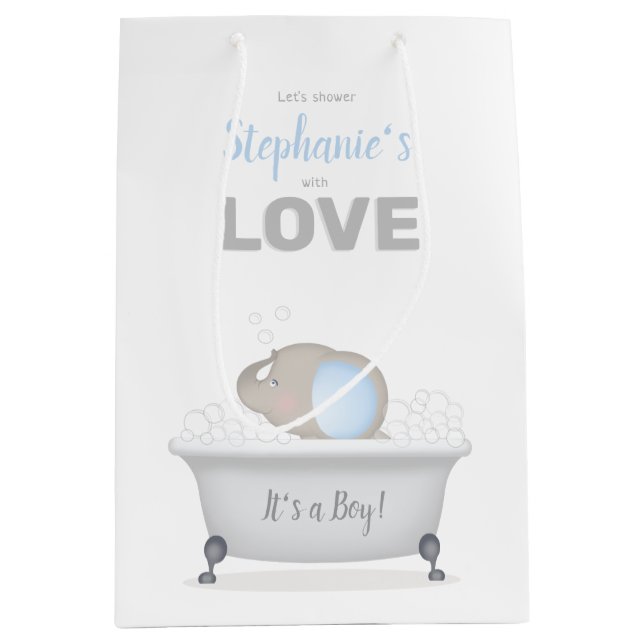 Sacola Para Presentes Média Chá de fraldas Bath Boy do Baby Elephant (Frente)