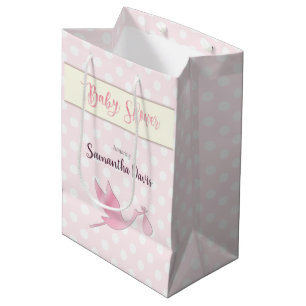 Sacola Para Presentes Média Chá de fraldas cor-de-rosa do bebé da cegonha