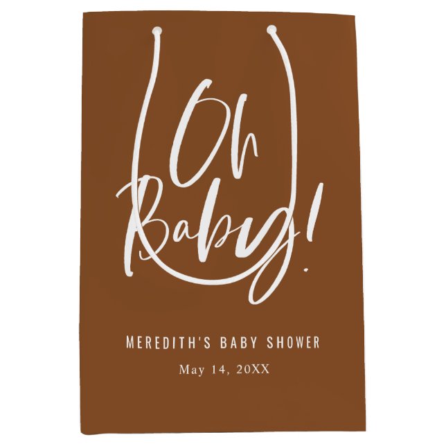 Sacola Para Presentes Média Chá de fraldas de Caligrafia Simples Brown Oh Baby (Frente)